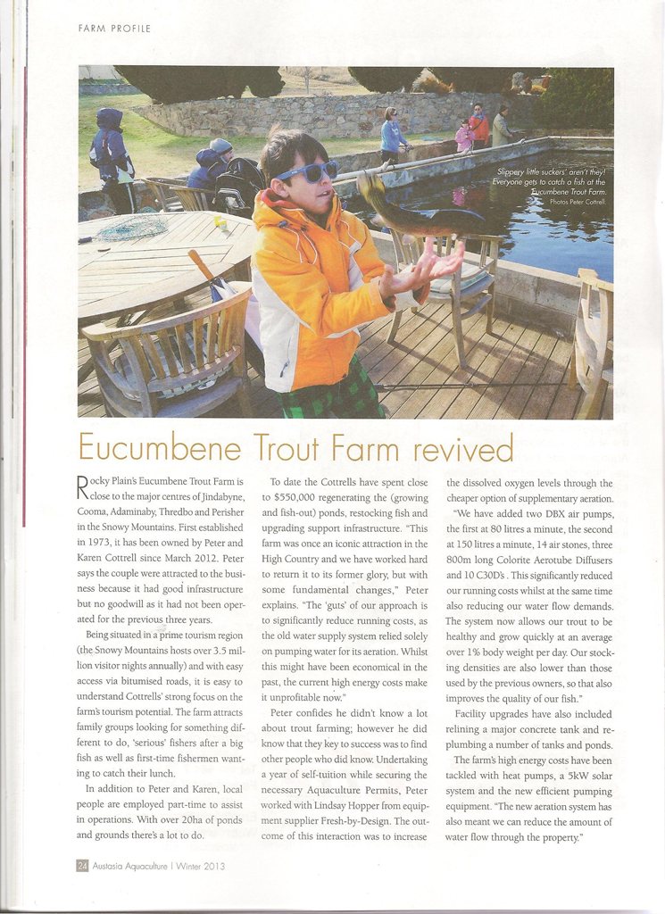 Article 'Eucumbene Trout Farm Revived' from Austasia Aquaculture page 1