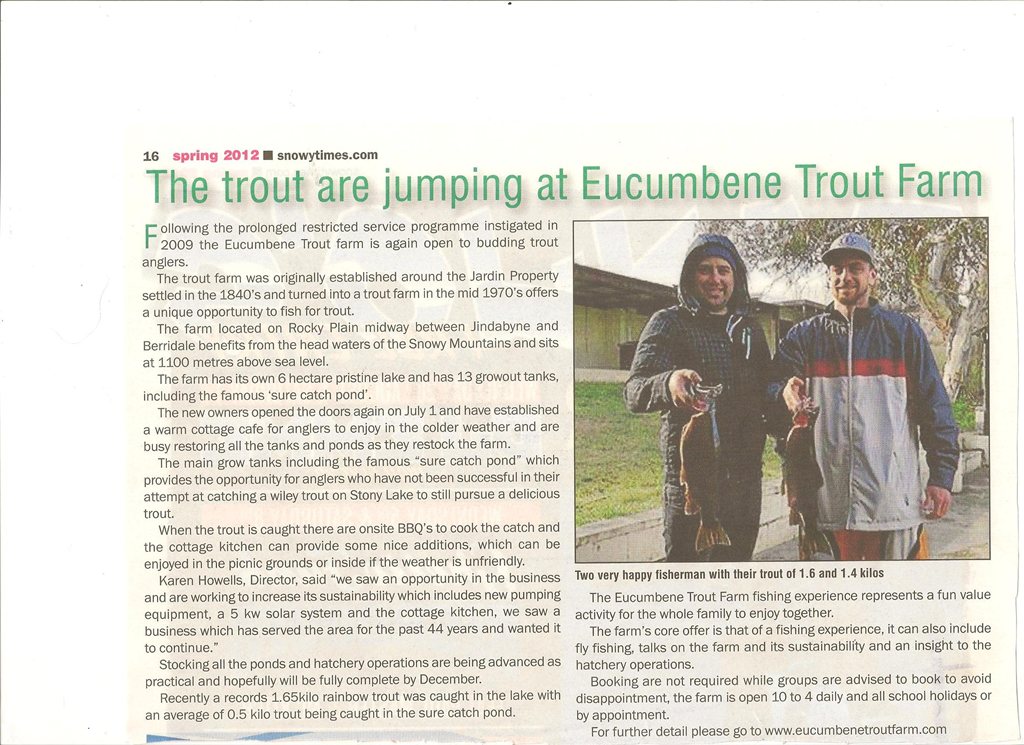 Article about Eucumbene Trout Farm in the Snowy Times, October 2012