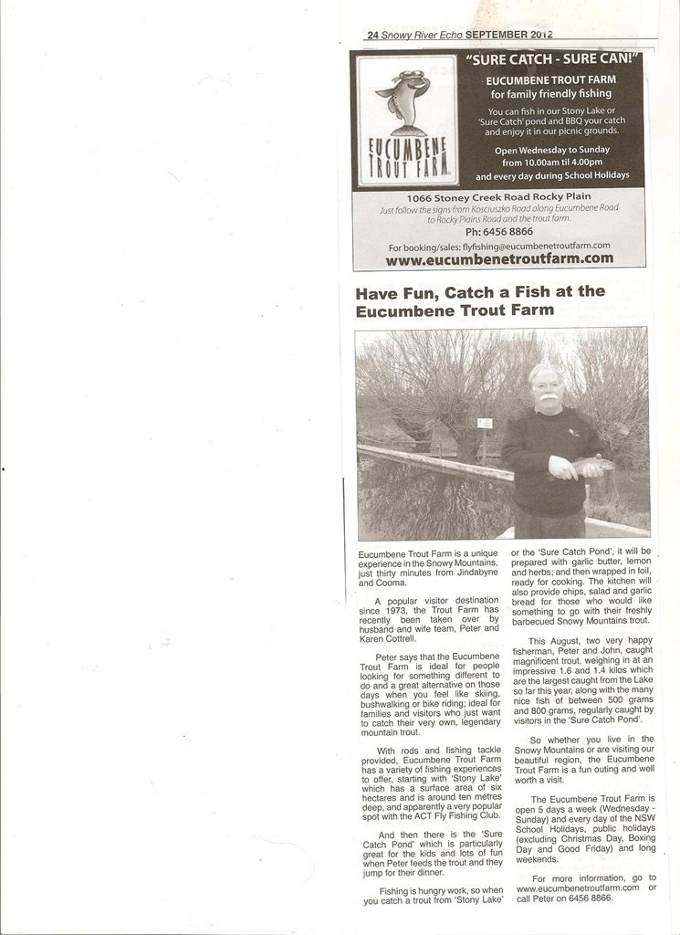 Article about Eucumbene Trout Farm in the Snowy River Echo, September 2012