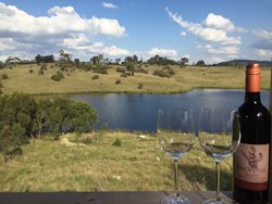 Eucumbene Trout Farm Lakeview Cottage Stoney Lake view with wine