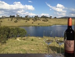 Eucumbene Trout Farm Lakeview Cottage Stoney Lake view with wine